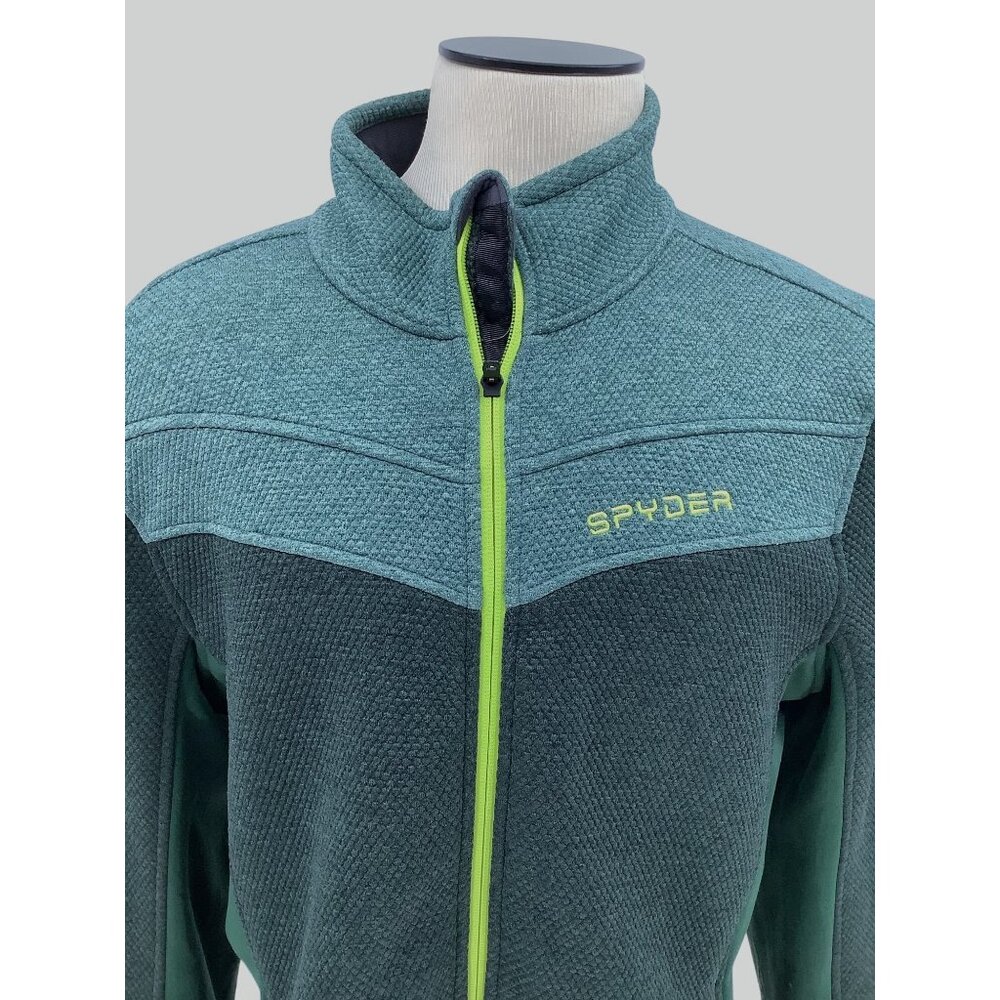 Spyder Full-Zip Mens Green Textured Fleece Jacket Neon Accents & Pockets Size XL - Picture 2 of 8